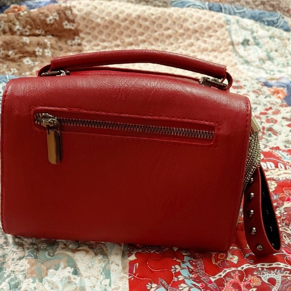 Stud-Trim Red Mini Top-Handle Bag with Tassel - Picture 3 of 6